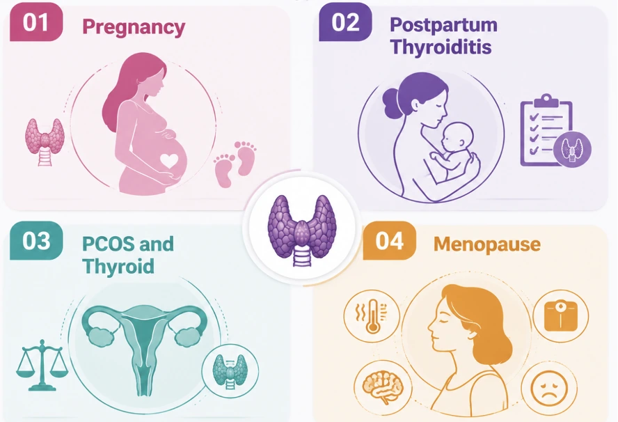 How Picture 3 - Dr Sandeep Donagaon Infographic with four panels: 01 Pregnancy showing a pregnant silhouette and thyroid icon; 02 Postpartum Thyroiditis with a mother and baby; 03 PCOS and Thyroid featuring a uterus diagram; 04 Menopause showing a profile of a woman with health icons, centered thyroid illustration in a circular badge.