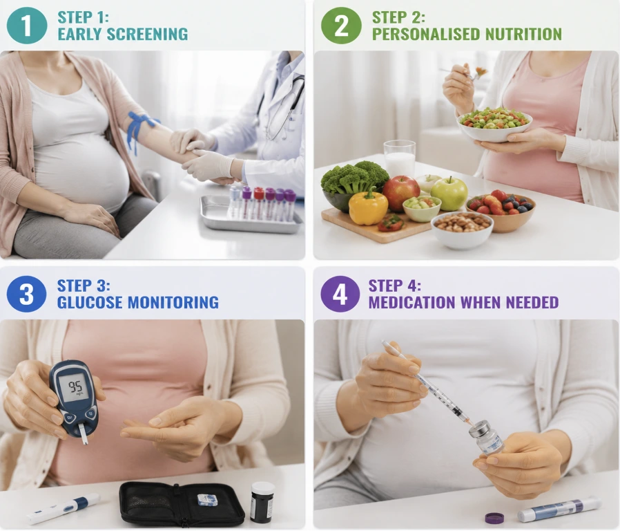 Infographic showing four steps for maternal health: 1) early screening, 2) personalized nutrition, 3) glucose monitoring, 4) medication when needed, with pregnant woman icons and foods/medical tools.