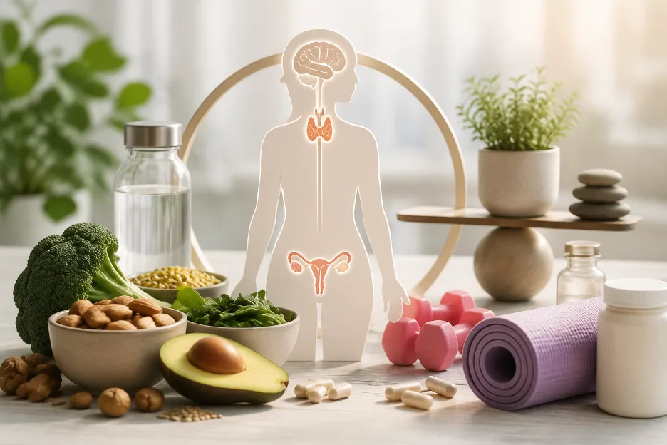 Silhouette of a person with highlighted brain, thyroid, and reproductive organs amid healthy foods and gym gear