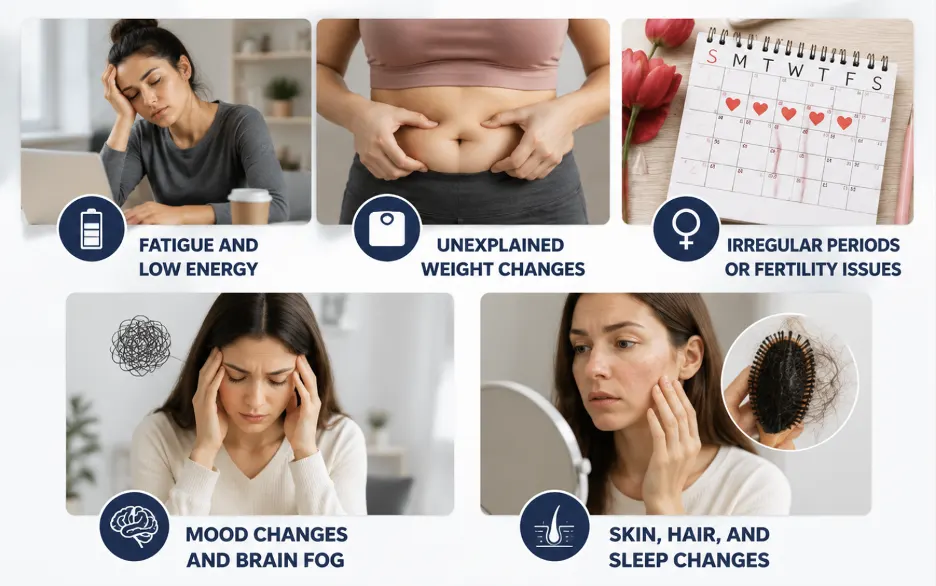 Six-panel health infographic showing common symptoms: fatigue and low energy; unexplained weight changes; irregular periods or fertility issues; mood changes and brain fog; and skin, hair, and sleep changes, each with a related icon and caption.