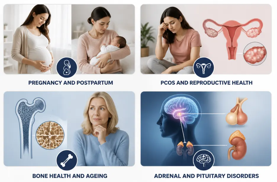 Pregnant woman gently touching her belly in a bright room, illustrating pregnancy and postpartum health and care.