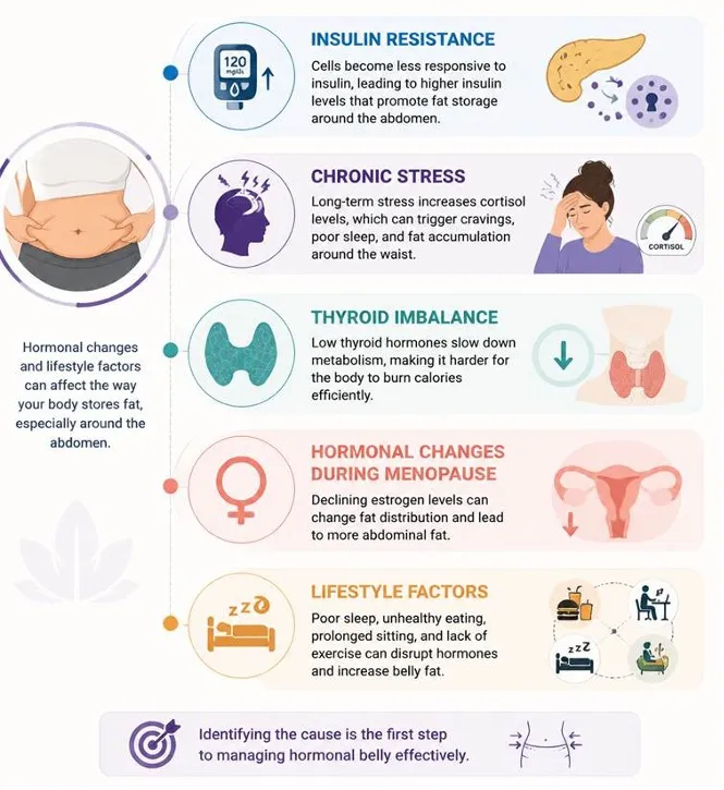 Infographic on factors that affect belly fat: insulin resistance, stress, thyroid imbalance, menopause changes, and lifestyle.