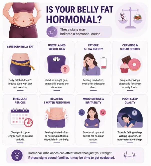 Infographic titled 'Is Your Belly Fat Hormonal?' showing eight boxes of possible hormonal causes such as stubborn belly fat and fatigue, with icons beside each.