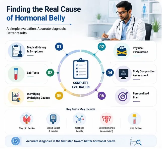 infographic showing a six-step complete evaluation for hormonal belly, with medical history, lab tests, physical exam, body composition, underlying causes, and personalized plan.
