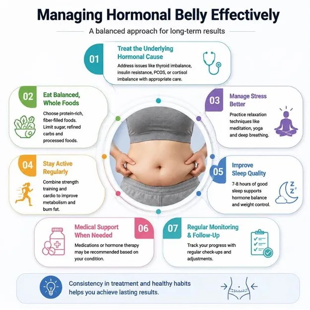 Infographic titled 'Managing Hormonal Belly Effectively' with a central belly image and seven surrounding tips around it around the circle.