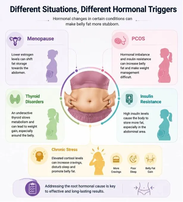 Infographic showing how hormonal triggers—menopause, PCOS, thyroid disorders, insulin resistance, and chronic stress—lead to belly fat, centered on a腹 image.