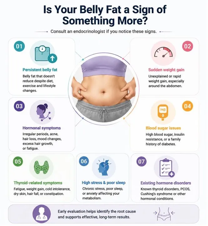 Infographic titled 'Is Your Belly Fat a Sign of Something More?' showing seven signs with a central photo of a person pinching their belly.