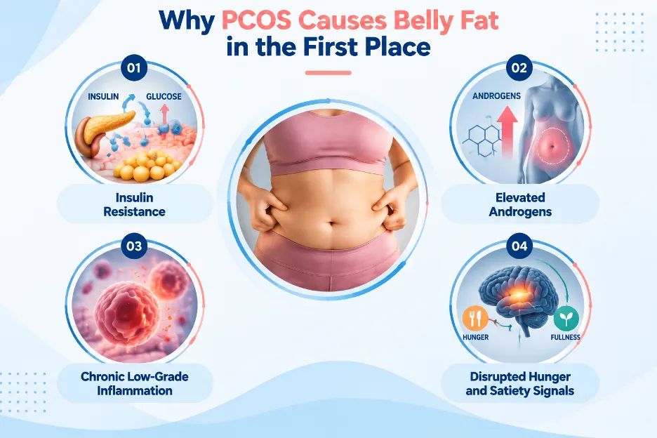 Infographic showing four PCOS factors causing belly fat around a central belly image: insulin resistance, elevated androgens, chronic inflammation, and disrupted hunger signals around the midsection photo (center).