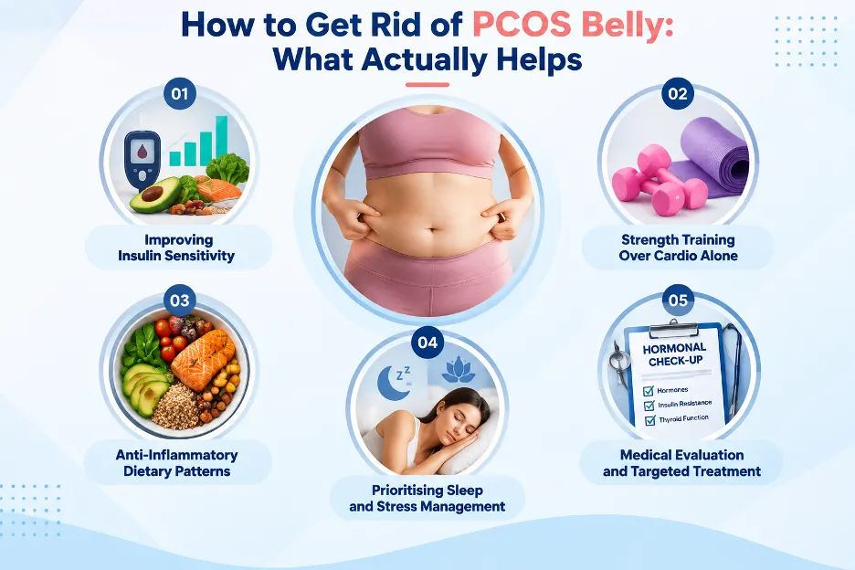 Infographic showing six tips to reduce PCOS belly around a central image of a woman's abdomen; tips include insulin sensitivity, strength training, anti-inflammatory diet, sleep and stress, medical evaluation, and targeted treatment.
