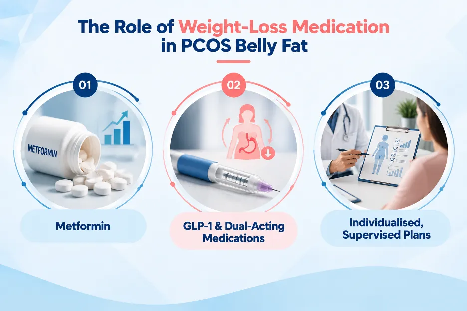 Infographic: three-step approach to PCOS belly fat—Metformin, GLP-1 and dual-acting meds, and personalized supervised plans.