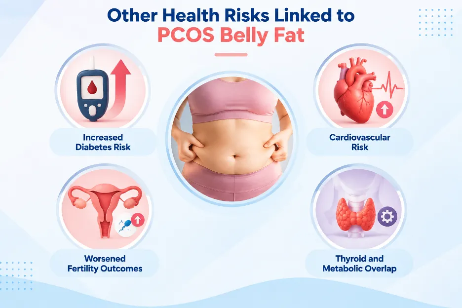 Infographic about health risks linked to PCOS belly fat, with a central image of a person pinching their abdomen and five icons for diabetes, heart risk, fertility, thyroid, and metabolism.