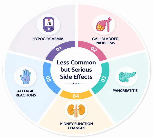 Circular infographic titled 'Less Common but Serious Side Effects' showing five segments: hypoglycemia, gallbladder problems, pancreatitis, kidney function changes, and allergic reactions.