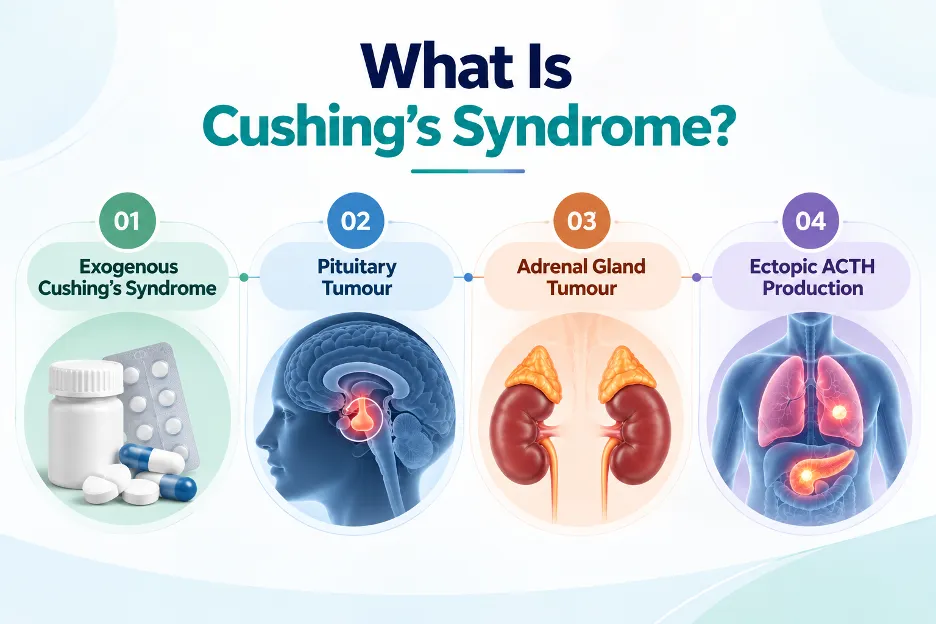 Infographic titled 'What Is Cushing’s Syndrome?' showing four causes: Exogenous Cushing’s, Pituitary Tumour, Adrenal Gland Tumour, and Ectopic ACTH Production with icons.
