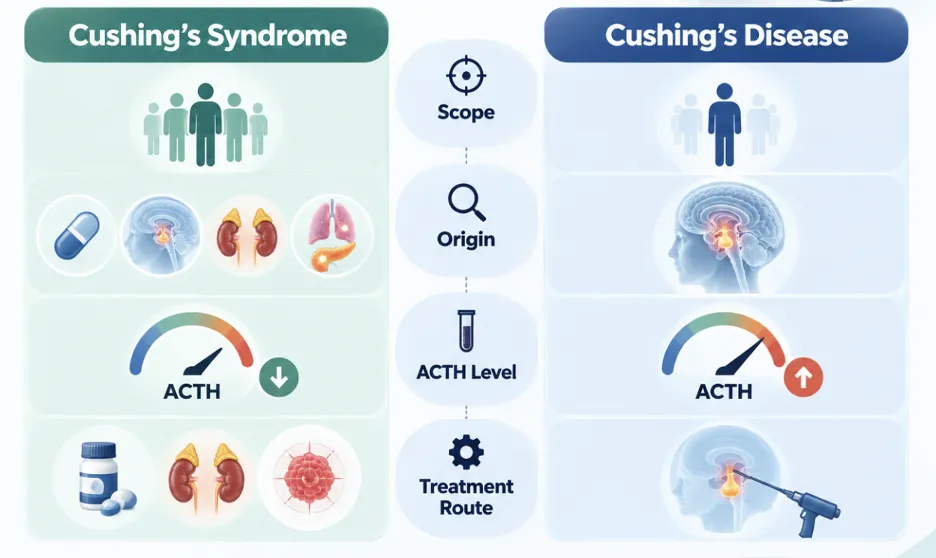 Comparative infographic on Cushing's Syndrome vs Cushing's Disease showing scope, origin, ACTH level, and treatment route.