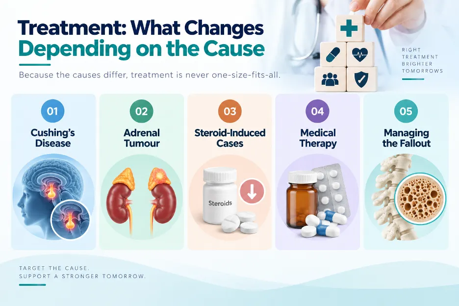 Five-column medical infographic outlining causes and treatments: Cushing's Disease, Adrenal Tumour, Steroid-Induced Cases, Medical Therapy, and Managing the Fallout with related images (brain, kidneys, pills, bottles, and bone).