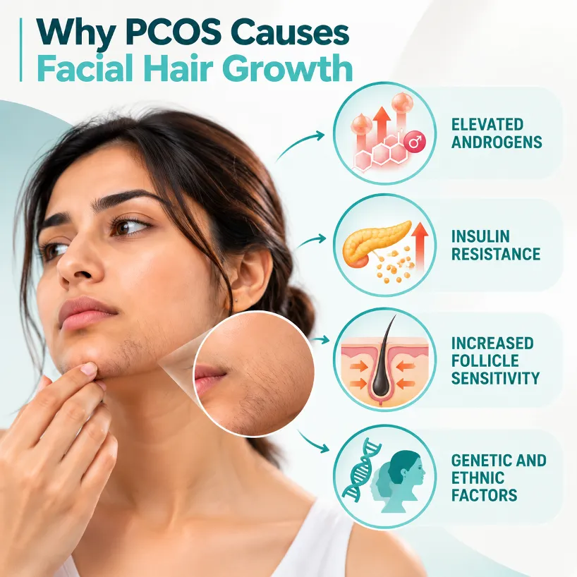 Infographic listing PCOS causes of facial hair growth: elevated androgens, insulin resistance, follicle sensitivity, and genetic factors.