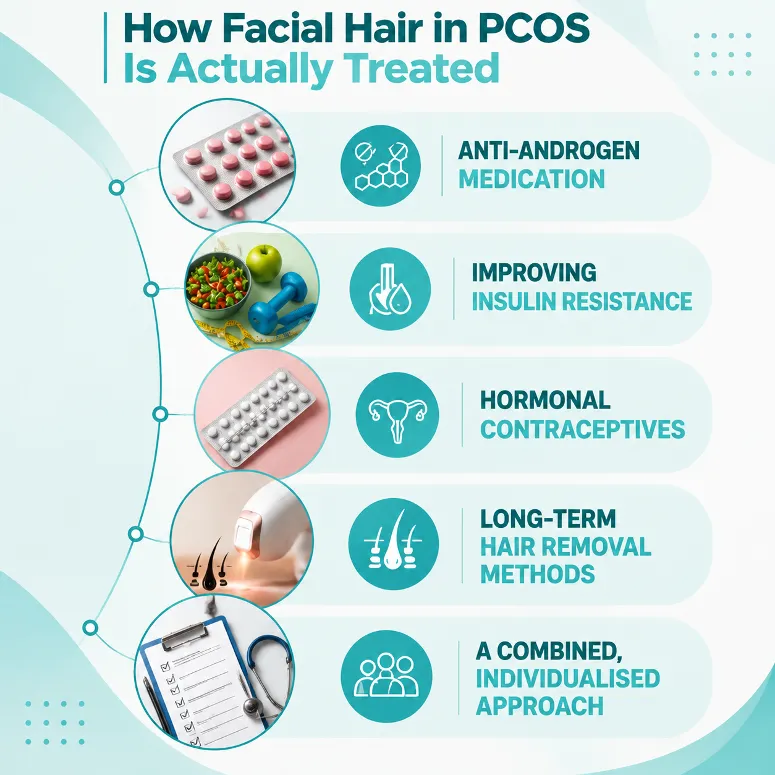 Infographic showing five treatment options for facial hair in PCOS, with icons and labels: anti-androgen meds, insulin resistance improvement, hormonal contraceptives, long-term hair removal, and a combined approach.