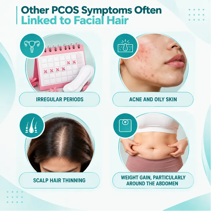 Infographic about PCOS symptoms linked to facial hair, showing irregular periods, acne and oily skin, scalp hair thinning, and abdominal weight gain.